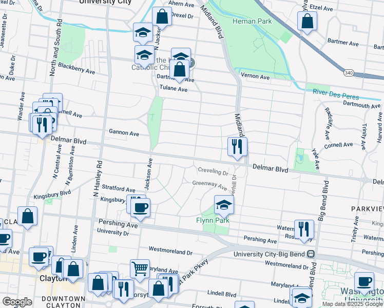 map of restaurants, bars, coffee shops, grocery stores, and more near 7301 Delmar Boulevard in University City