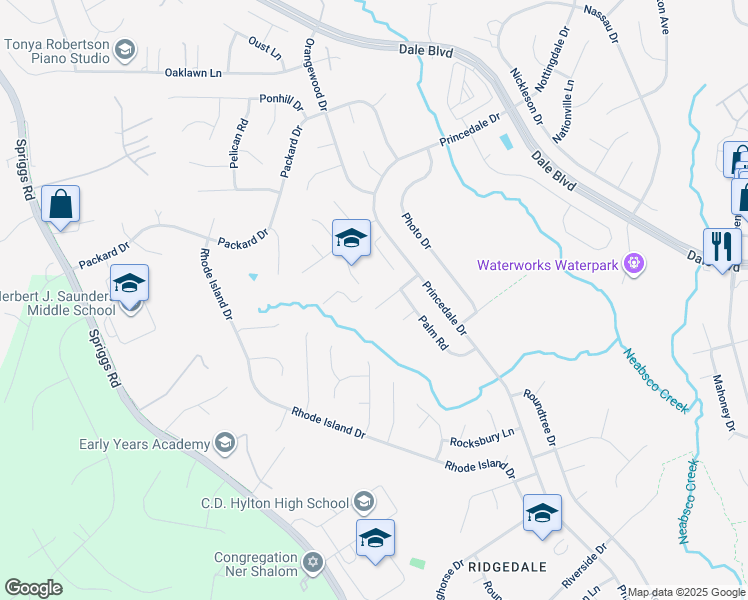 map of restaurants, bars, coffee shops, grocery stores, and more near 5884 Pontiac Drive in Woodbridge