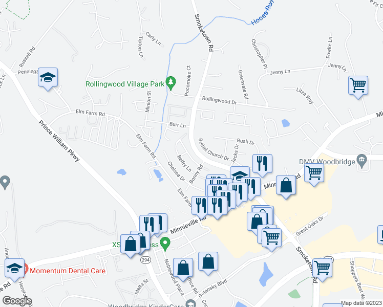 map of restaurants, bars, coffee shops, grocery stores, and more near 3474 Brookville Lane in Woodbridge