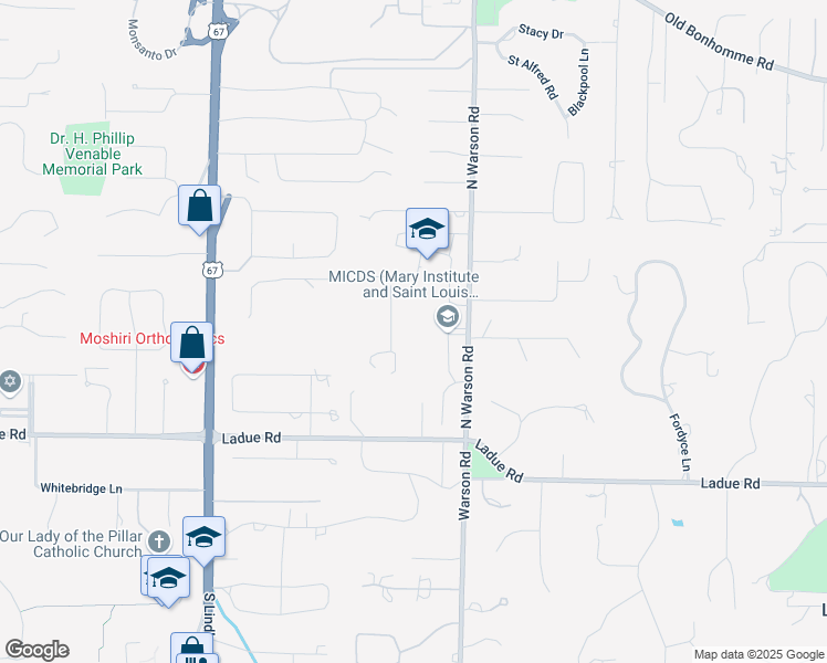 map of restaurants, bars, coffee shops, grocery stores, and more near 101 North Warson Road in Saint Louis