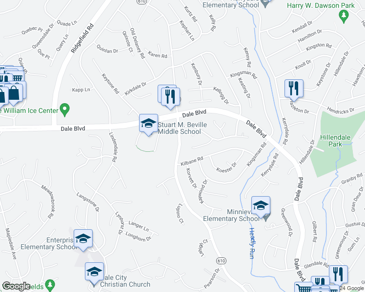 map of restaurants, bars, coffee shops, grocery stores, and more near 13517 Delaney Road in Woodbridge