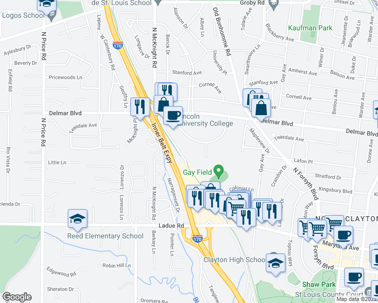 map of restaurants, bars, coffee shops, grocery stores, and more near 8342 Delcrest Drive in University City