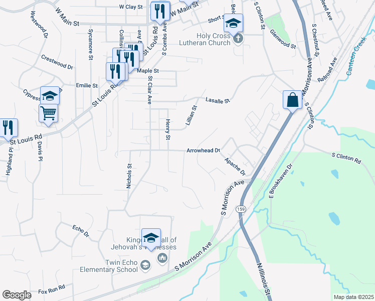 map of restaurants, bars, coffee shops, grocery stores, and more near Arrowhead Drive in Collinsville