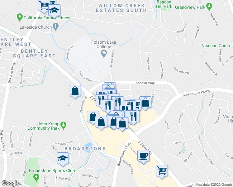 map of restaurants, bars, coffee shops, grocery stores, and more near in Folsom