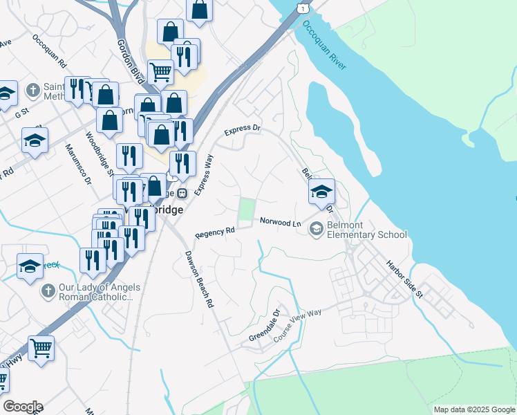 map of restaurants, bars, coffee shops, grocery stores, and more near 13525 Wood Street in Woodbridge