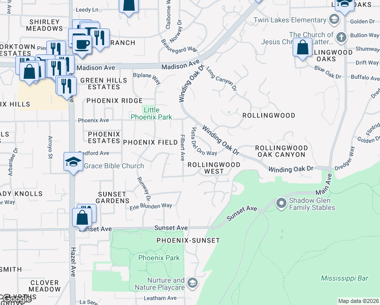 map of restaurants, bars, coffee shops, grocery stores, and more near 5119 Vista Del Oro Way in Fair Oaks