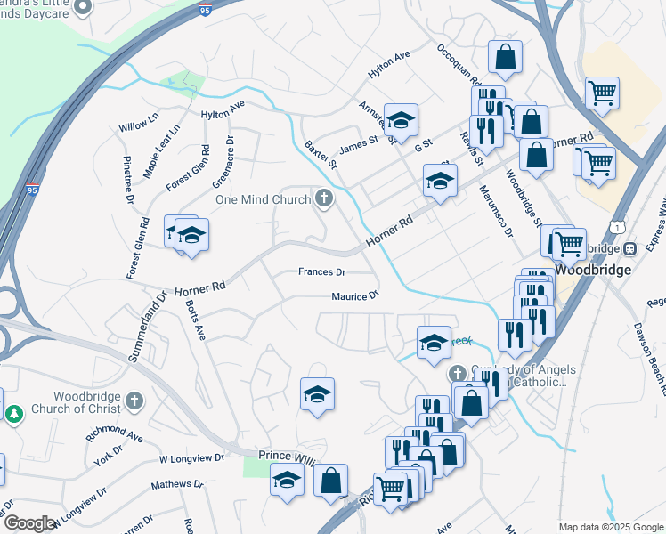 map of restaurants, bars, coffee shops, grocery stores, and more near 1514 Frances Drive in Woodbridge