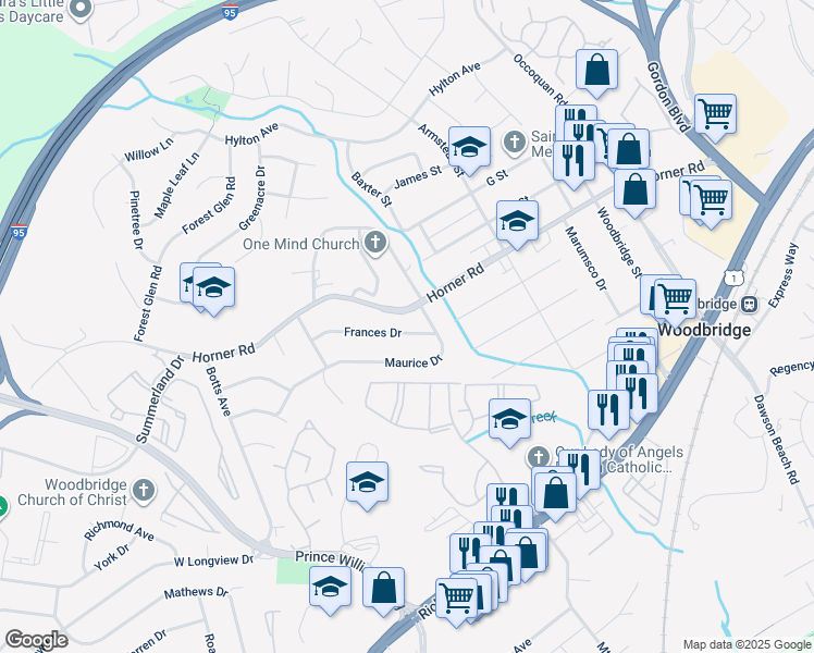 map of restaurants, bars, coffee shops, grocery stores, and more near 1508 Frances Drive in Woodbridge