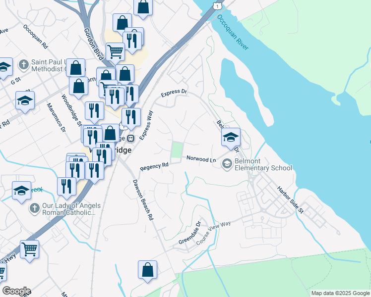map of restaurants, bars, coffee shops, grocery stores, and more near 13525 Wood Street in Woodbridge