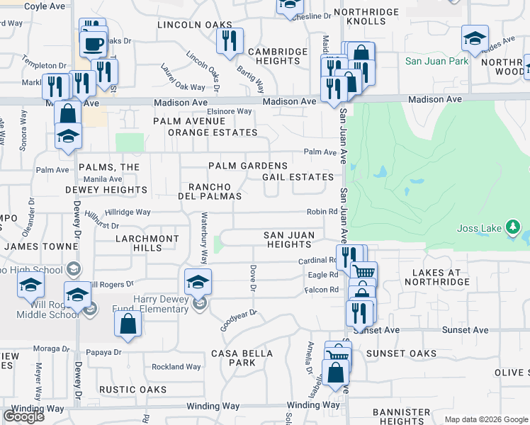 map of restaurants, bars, coffee shops, grocery stores, and more near 7224 Robin Road in Fair Oaks
