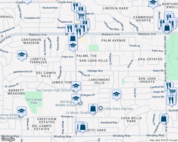 map of restaurants, bars, coffee shops, grocery stores, and more near 4978 Hillhurst Drive in Fair Oaks