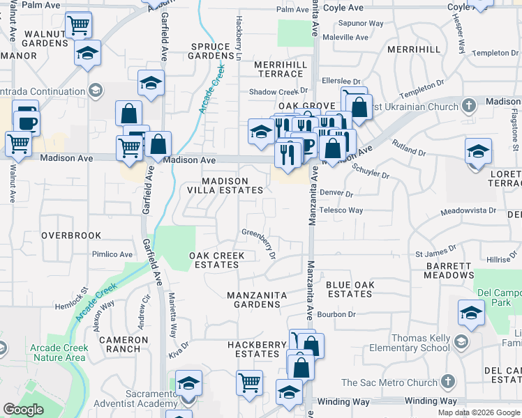 map of restaurants, bars, coffee shops, grocery stores, and more near 5136 Greenberry Drive in Sacramento