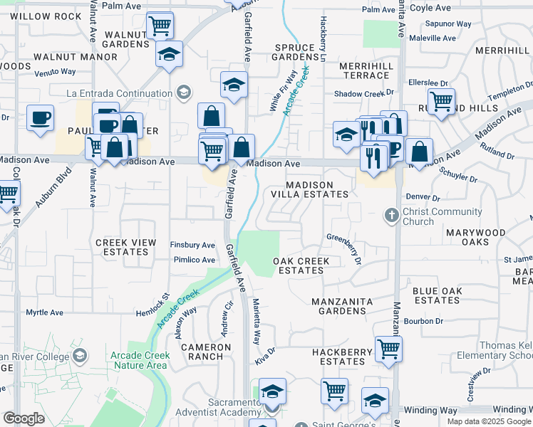 map of restaurants, bars, coffee shops, grocery stores, and more near 5130 Connecticut Drive in Sacramento