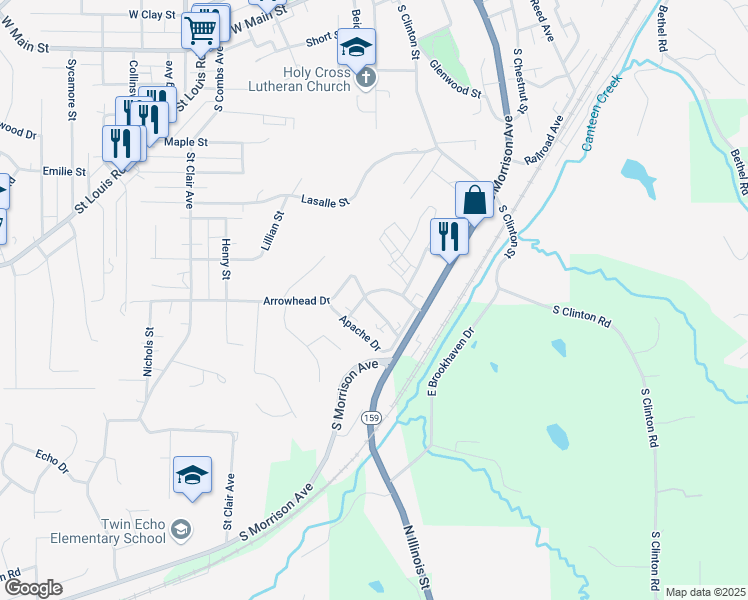 map of restaurants, bars, coffee shops, grocery stores, and more near 1102 Arrowhead Drive in Collinsville