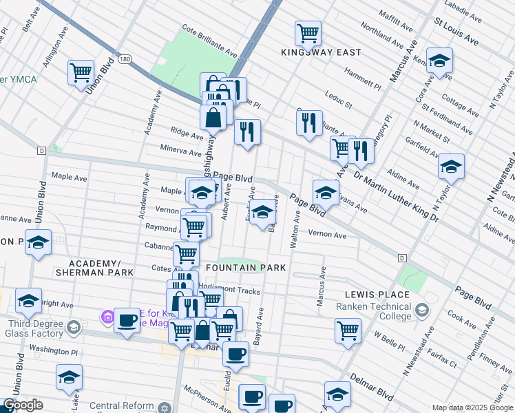 map of restaurants, bars, coffee shops, grocery stores, and more near 1227 North Euclid Avenue in St. Louis