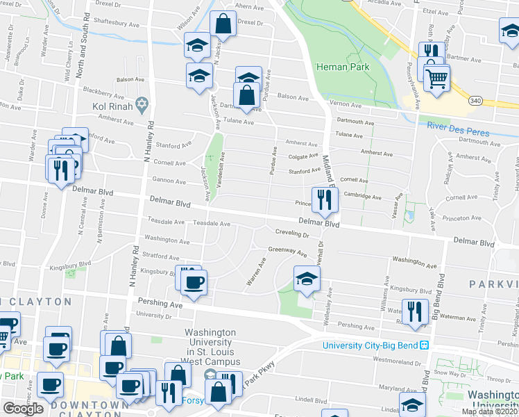 map of restaurants, bars, coffee shops, grocery stores, and more near 7303 Delmar Boulevard in University City