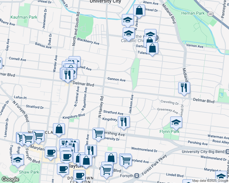 map of restaurants, bars, coffee shops, grocery stores, and more near 7461 Teasdale Avenue in University City