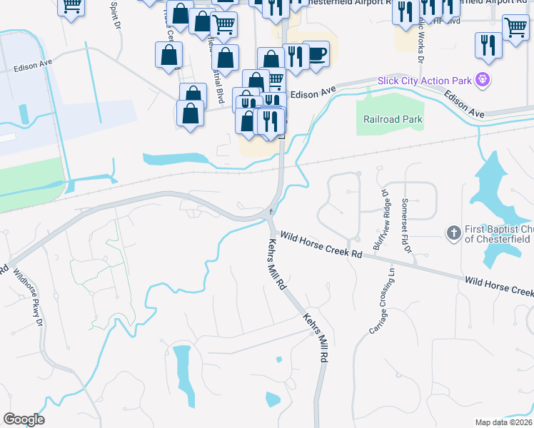 map of restaurants, bars, coffee shops, grocery stores, and more near 17315 Wild Horse Creek Road in Chesterfield