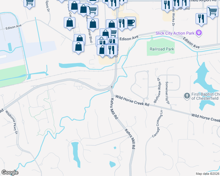 map of restaurants, bars, coffee shops, grocery stores, and more near 17315 Wild Horse Creek Road in Chesterfield