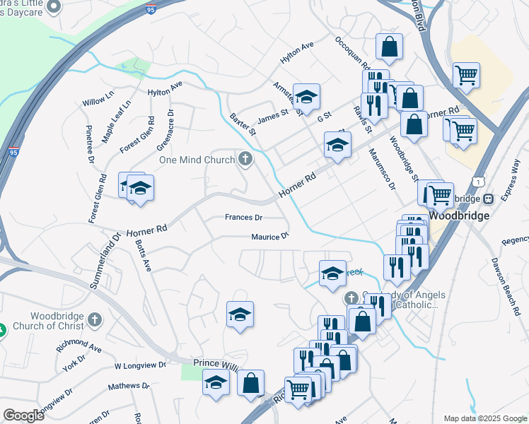 map of restaurants, bars, coffee shops, grocery stores, and more near 1508 Frances Drive in Woodbridge