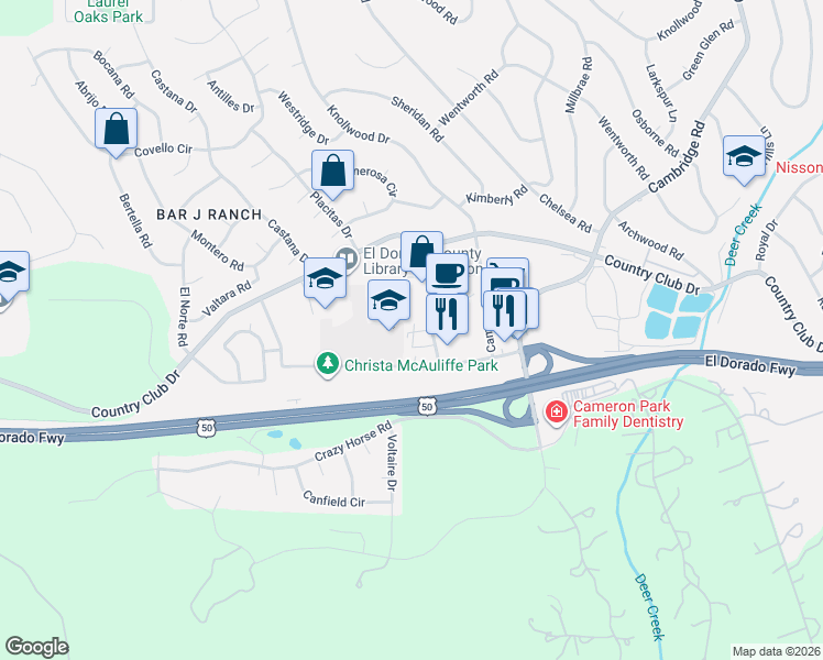 map of restaurants, bars, coffee shops, grocery stores, and more near 2537 Greenwood Lane in Cameron Park