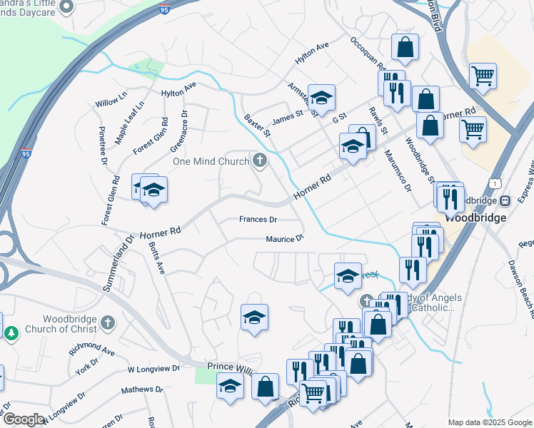 map of restaurants, bars, coffee shops, grocery stores, and more near 1514 Frances Drive in Woodbridge