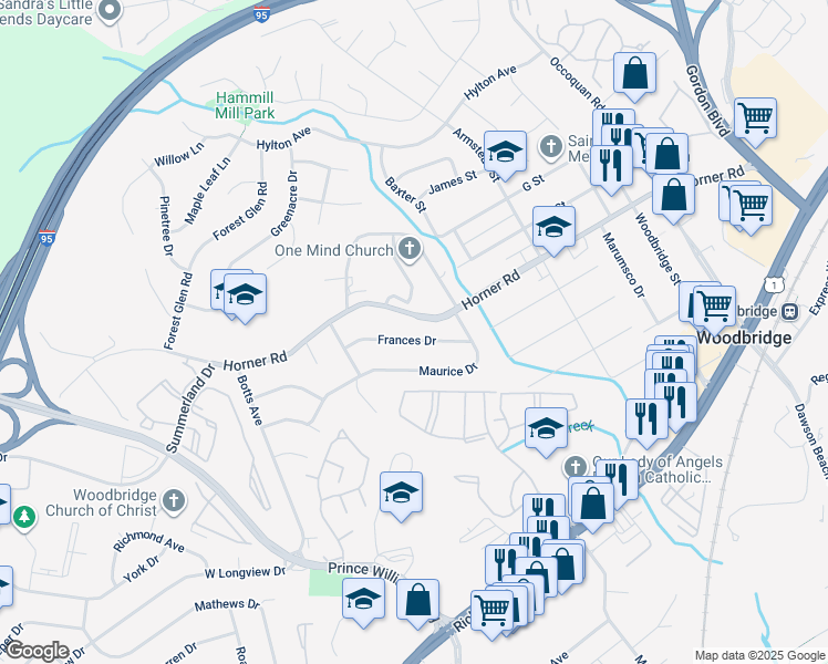 map of restaurants, bars, coffee shops, grocery stores, and more near 1516 Frances Dr in Woodbridge