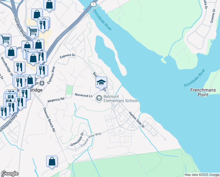 map of restaurants, bars, coffee shops, grocery stores, and more near 810 Belmont Bay Drive in Woodbridge