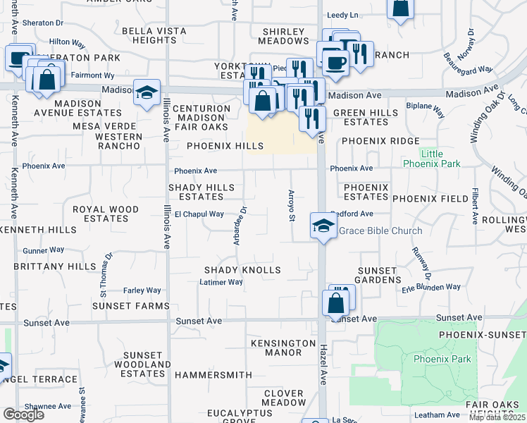 map of restaurants, bars, coffee shops, grocery stores, and more near 8823 Villa Campo Way in Fair Oaks