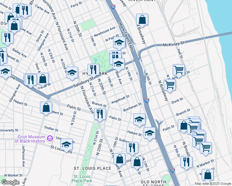 map of restaurants, bars, coffee shops, grocery stores, and more near 1515 Angelrodt Street in St. Louis