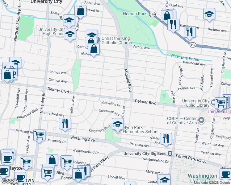 map of restaurants, bars, coffee shops, grocery stores, and more near 7243 Delmar Boulevard in University City