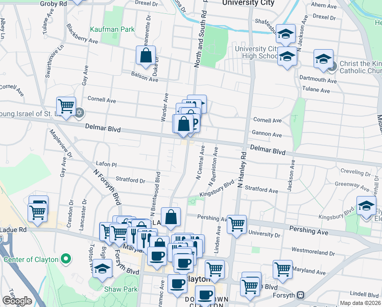 map of restaurants, bars, coffee shops, grocery stores, and more near 540 North and South Road in St. Louis