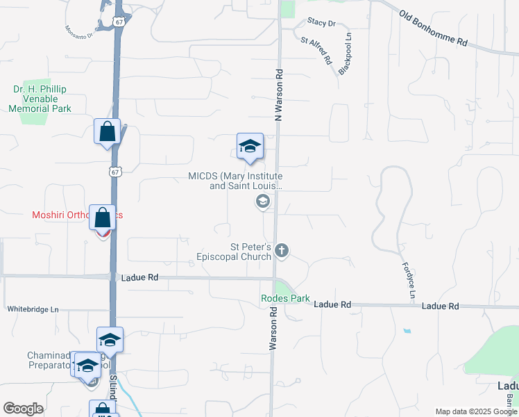 map of restaurants, bars, coffee shops, grocery stores, and more near 101 North Warson Road in Saint Louis