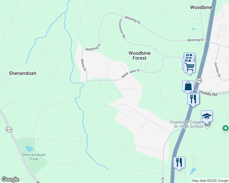 map of restaurants, bars, coffee shops, grocery stores, and more near 8269 Penny Lane in Manassas