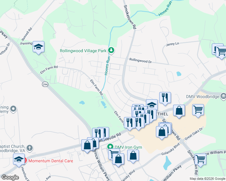 map of restaurants, bars, coffee shops, grocery stores, and more near 3517 Belfry Lane in Woodbridge