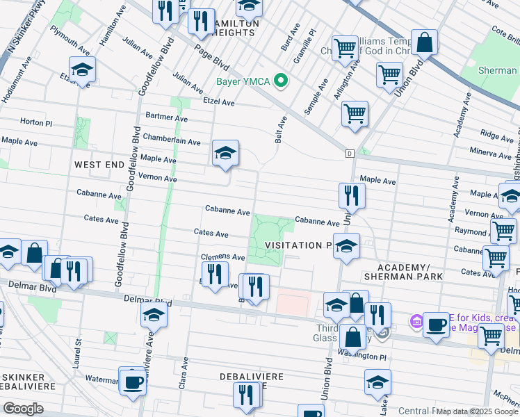 map of restaurants, bars, coffee shops, grocery stores, and more near 5475 Cabanne Avenue in St. Louis