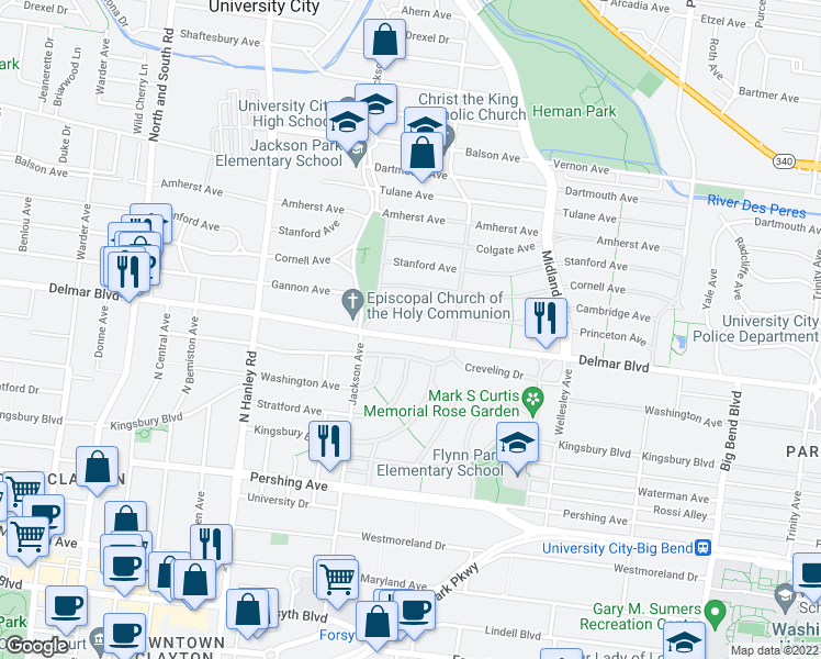 map of restaurants, bars, coffee shops, grocery stores, and more near 7333 Teasdale Avenue in University City