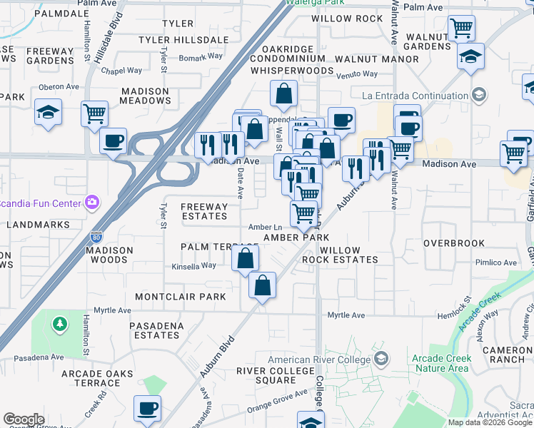 map of restaurants, bars, coffee shops, grocery stores, and more near 4735 Bremner Way in Sacramento