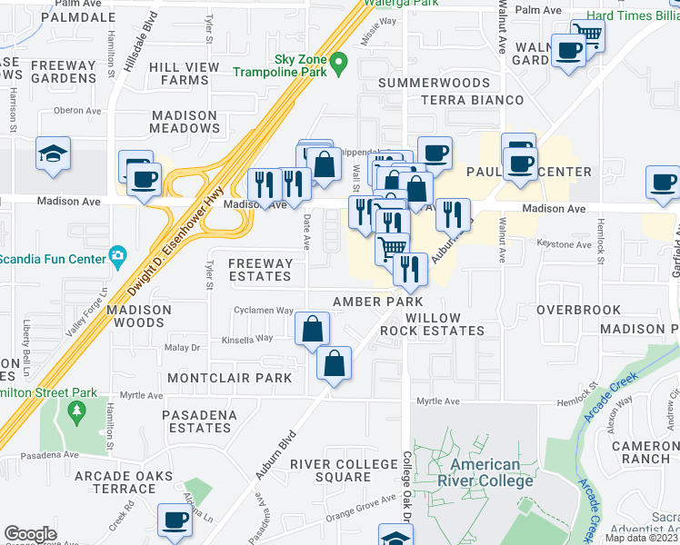 map of restaurants, bars, coffee shops, grocery stores, and more near 4735 Bremner Way in Sacramento