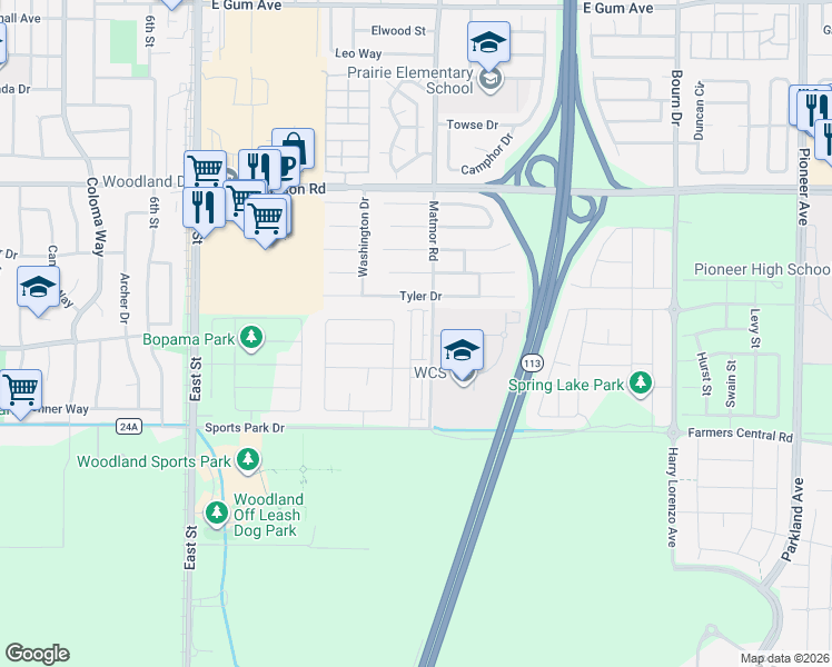 map of restaurants, bars, coffee shops, grocery stores, and more near 1703 Jones Street in Woodland