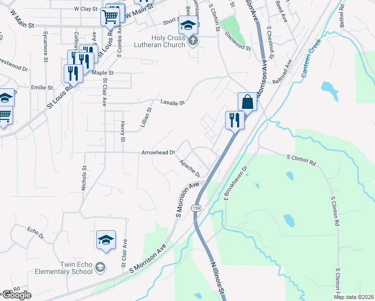 map of restaurants, bars, coffee shops, grocery stores, and more near 1002 Apache Drive in Collinsville