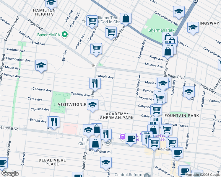 map of restaurants, bars, coffee shops, grocery stores, and more near 5201 Raymond Avenue in St. Louis