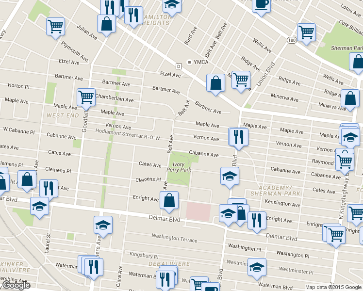 map of restaurants, bars, coffee shops, grocery stores, and more near 5450 Cabanne Avenue in St. Louis