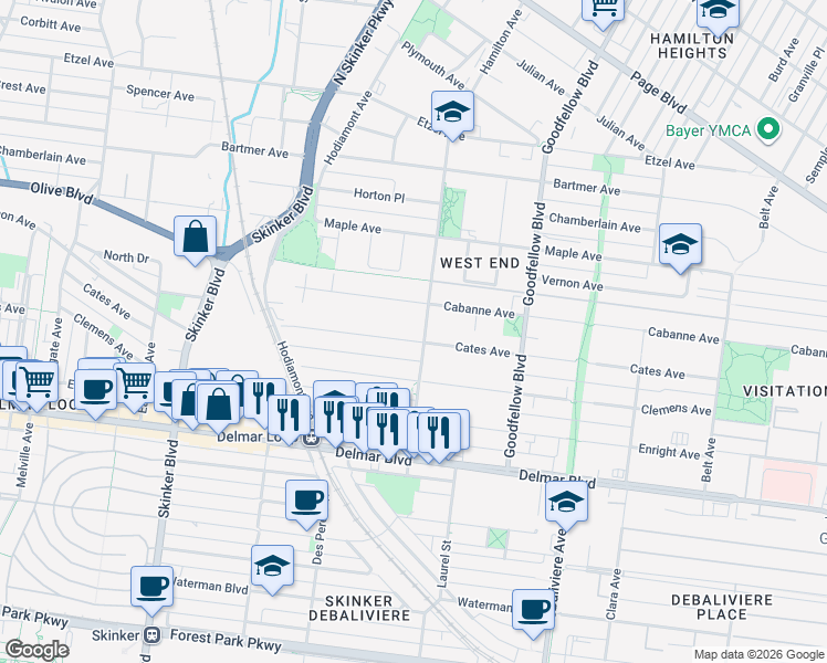 map of restaurants, bars, coffee shops, grocery stores, and more near 5922 Cates Avenue in St. Louis