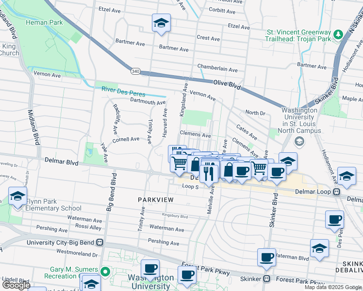map of restaurants, bars, coffee shops, grocery stores, and more near 734 Syracuse Avenue in University City