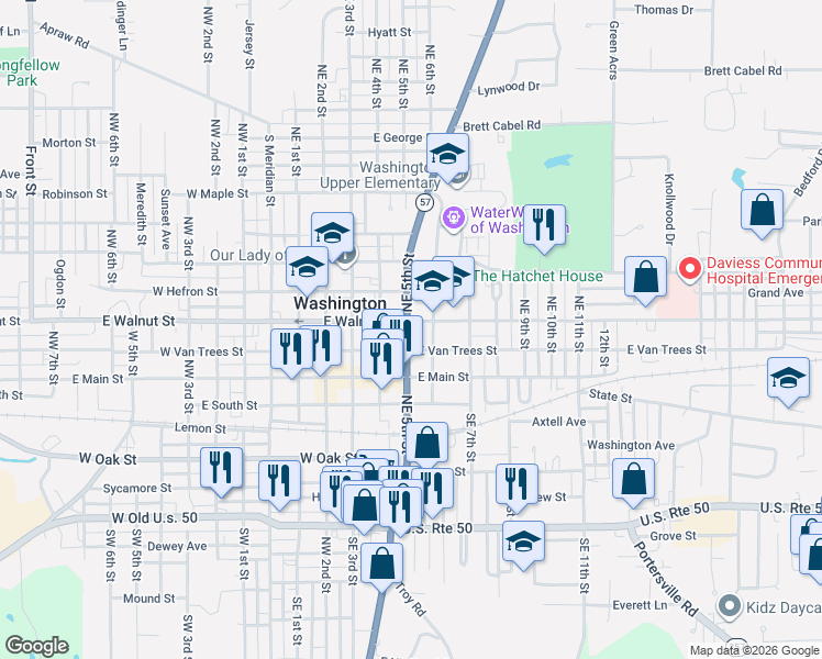 map of restaurants, bars, coffee shops, grocery stores, and more near 500-598 East Van Trees Street in Washington