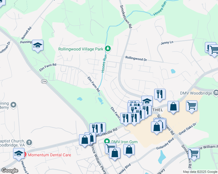 map of restaurants, bars, coffee shops, grocery stores, and more near 3519 Belfry Lane in Woodbridge