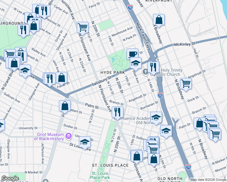 map of restaurants, bars, coffee shops, grocery stores, and more near 3510 North 21st Street in St. Louis
