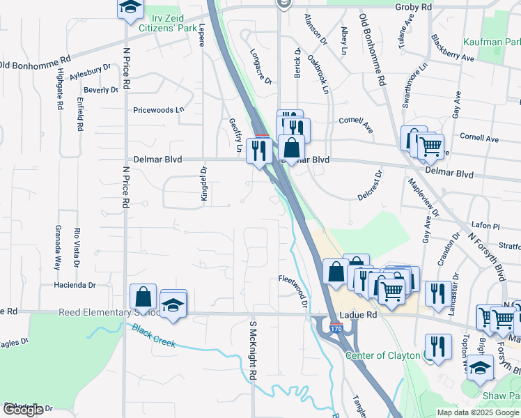map of restaurants, bars, coffee shops, grocery stores, and more near One McKnight Place in St. Louis