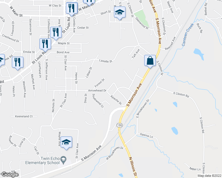 map of restaurants, bars, coffee shops, grocery stores, and more near 714 Arrowhead Drive in Collinsville